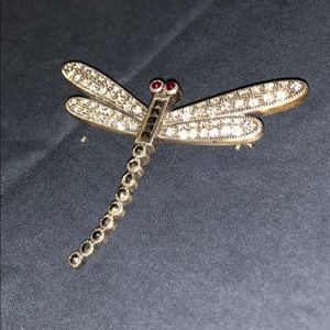 Silver Dragonfly Brooch w Blk/Red/Wht Crystals